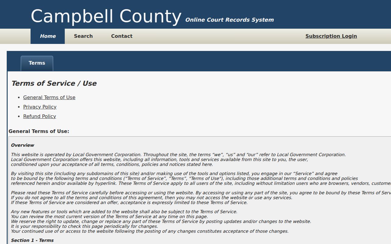 Campbell County search portal terms explaining nonofficial record status
