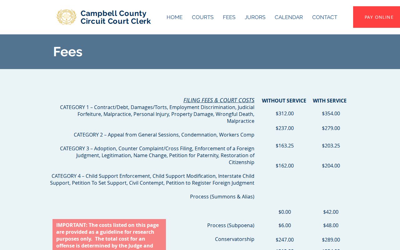 Campbell County Circuit Court Clerk civil fee guide