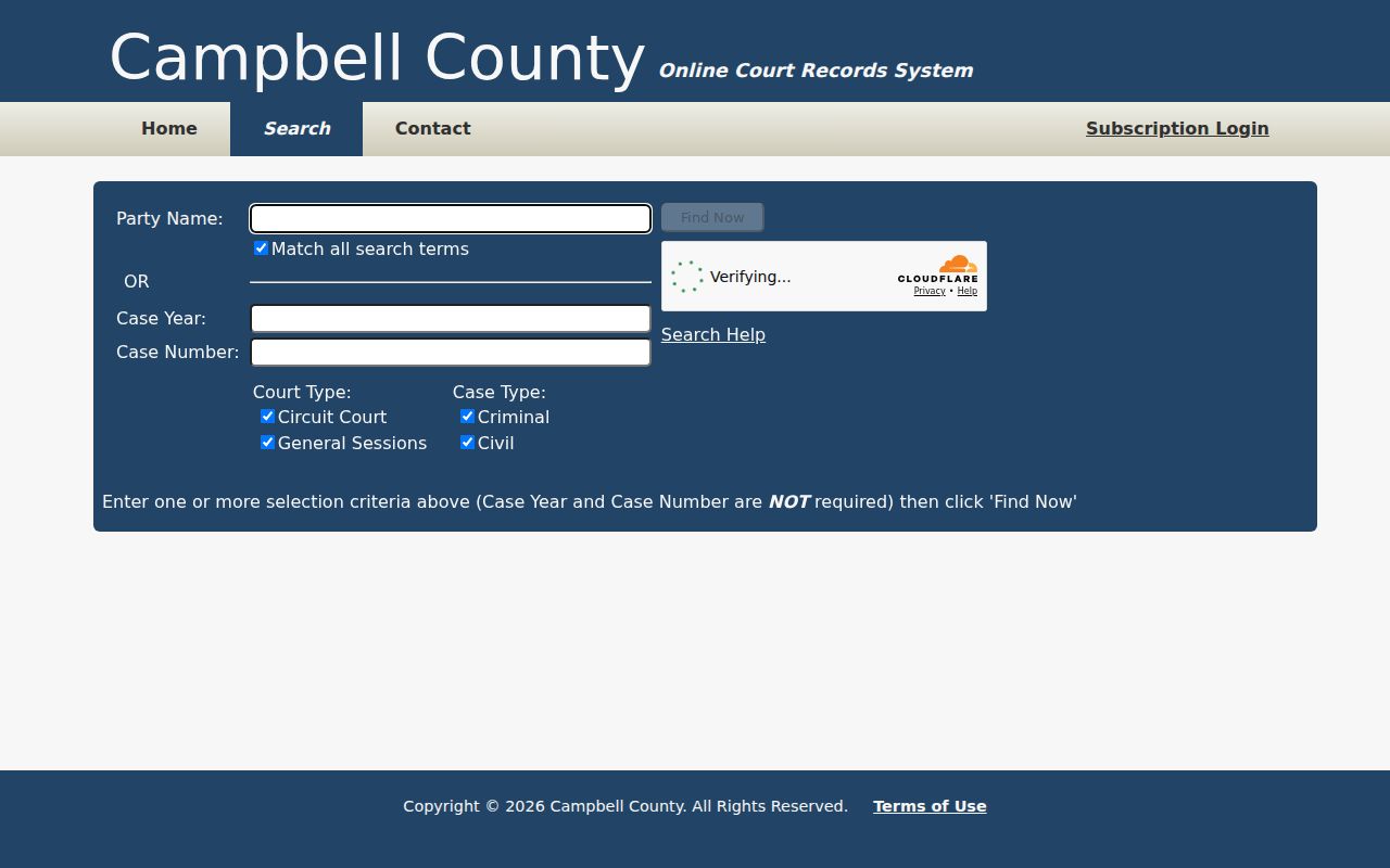 Campbell County criminal case search form with court and case type filters