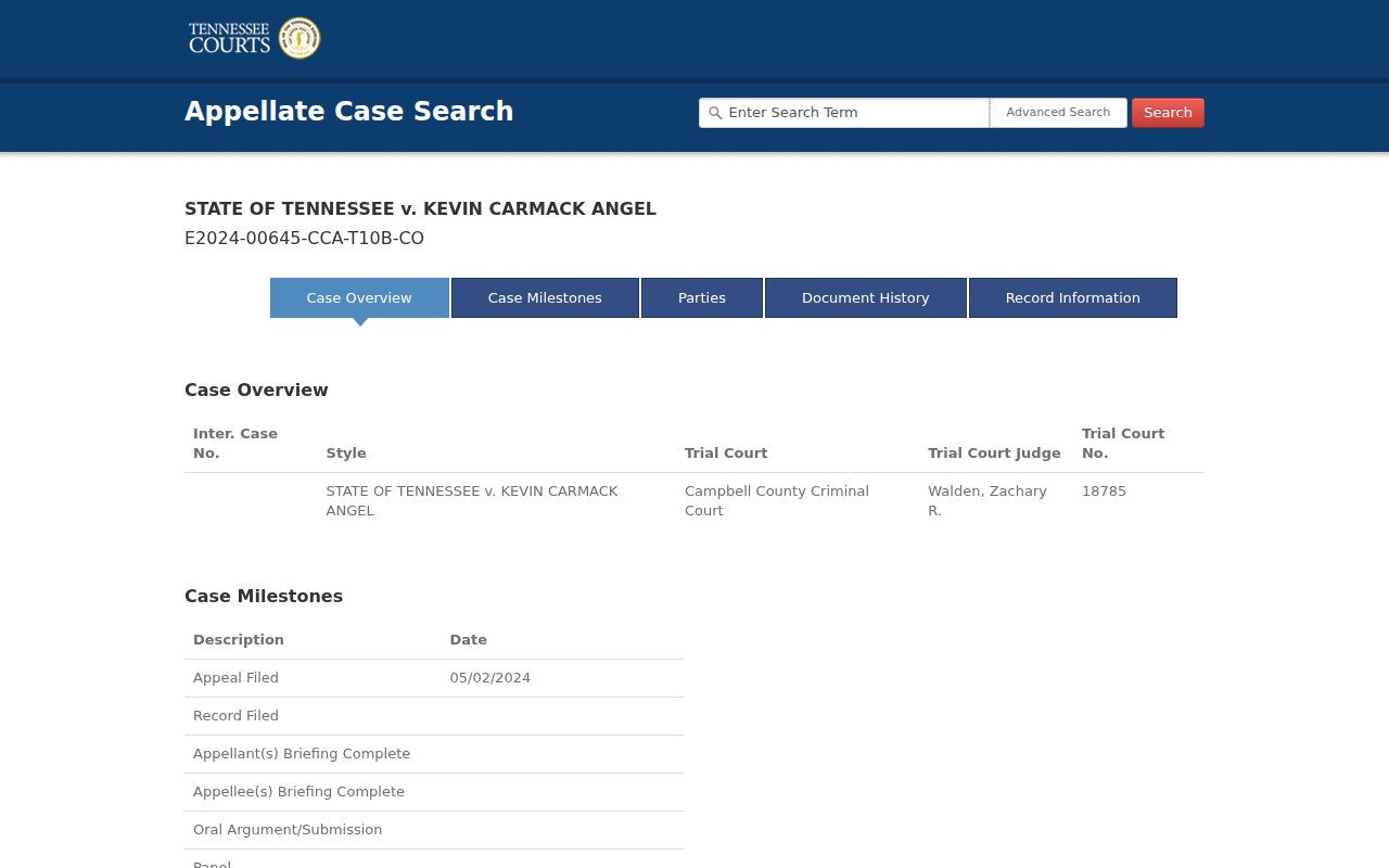 Tennessee appellate Case History interface labels for a public docket